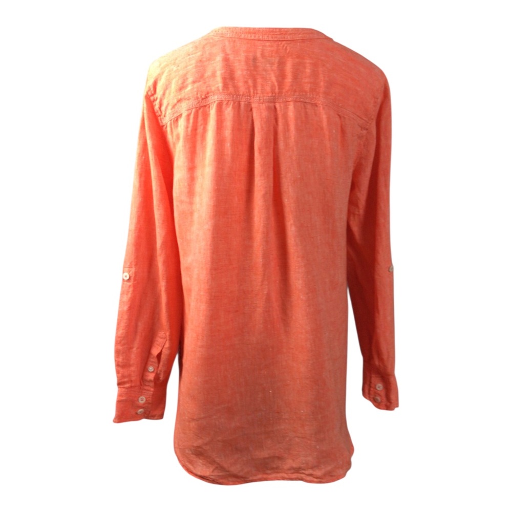 Talbots 100% Linen Tunic Blouse Orange Roll Tab Sleeve Sz MP Side Button Details - Picture 5 of 9